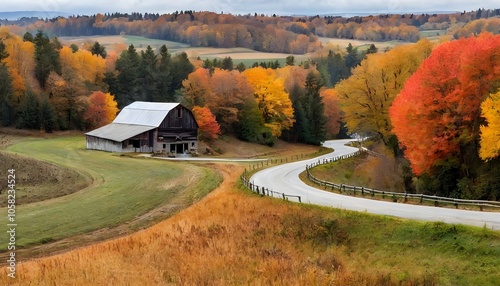 Autumnal Landscape with Winding Road and Barn. Generative AI