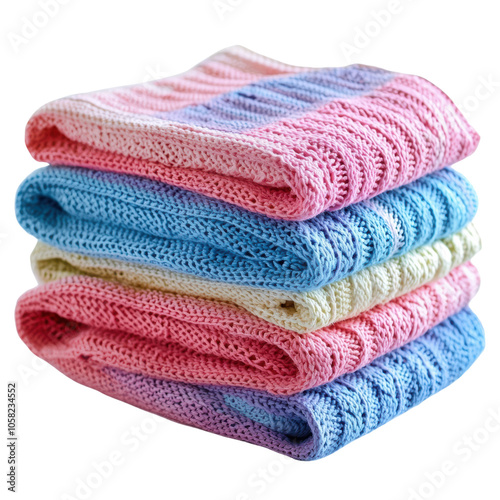 Colorful knitted blankets stacked neatly on a white isolate background.