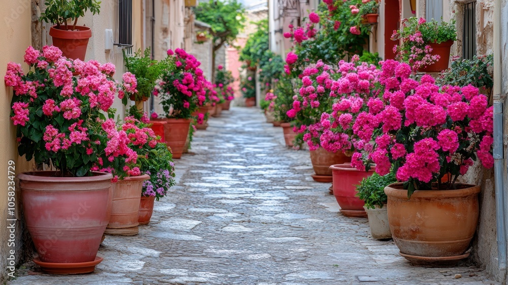 A narrow cobblestone street lined with terracotta pots overflowing with vibrant pink flowers. A narrow cobblestone street lined with terracotta pots overflowing with vibrant pink flowers.