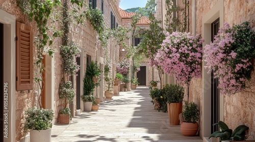 A narrow cobblestone street lined with stone buildings and lush greenery.