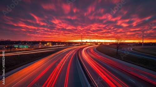 A vibrant sunset over a highway, showcasing dynamic light trails from moving vehicles.