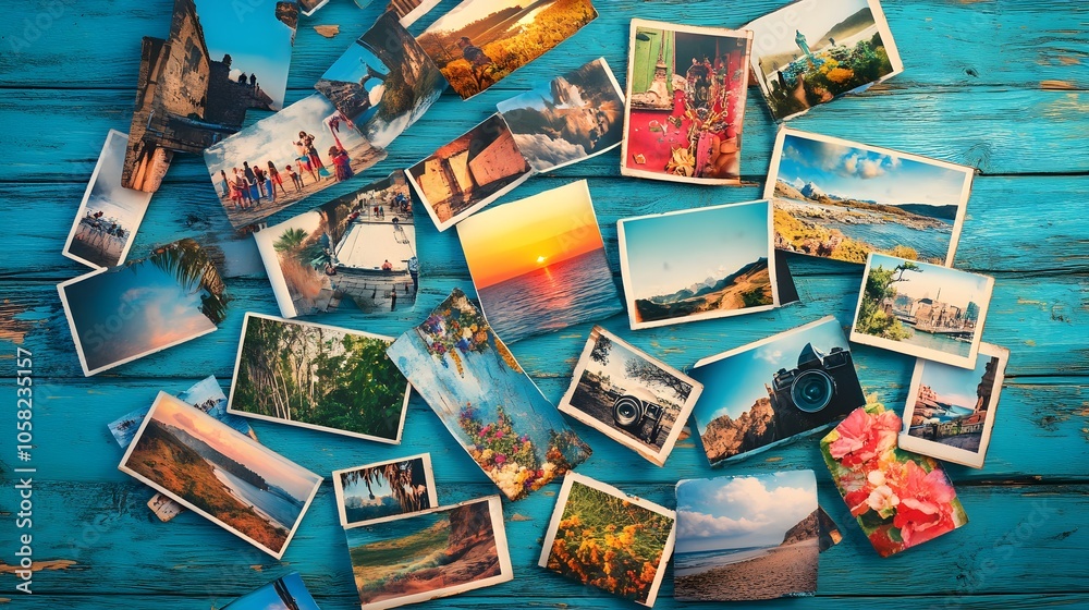 heap of travel photos on azure wood background. heap of travel photos on azure wood background.