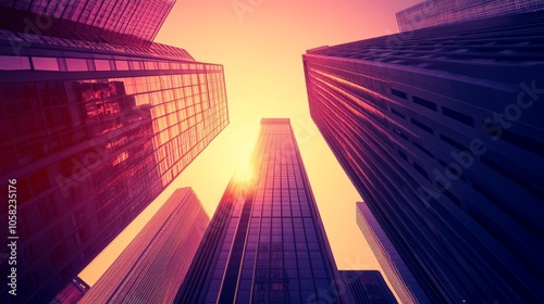 A dramatic view of skyscrapers reaching towards a vibrant sunset sky.