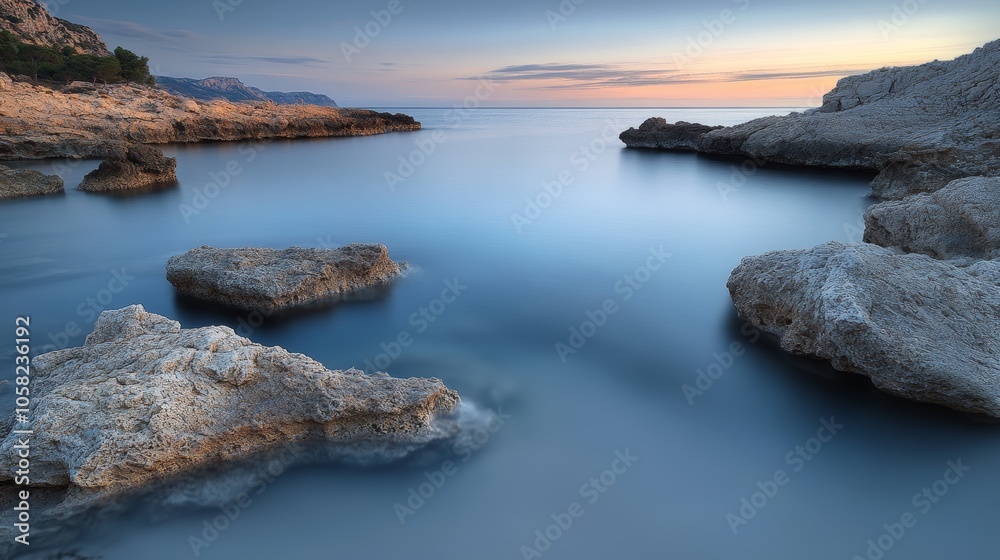 Tranquil coastal scene at dusk with smooth water and rocky formations. Tranquil coastal scene at dusk with smooth water and rocky formations.