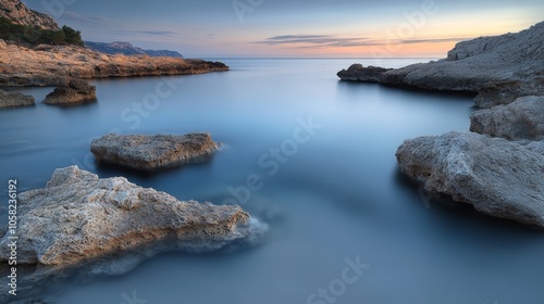 Tranquil coastal scene at dusk with smooth water and rocky formations.