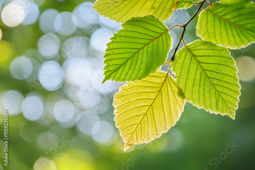 Close-up of vibrant green leaves with a blurred background of light.