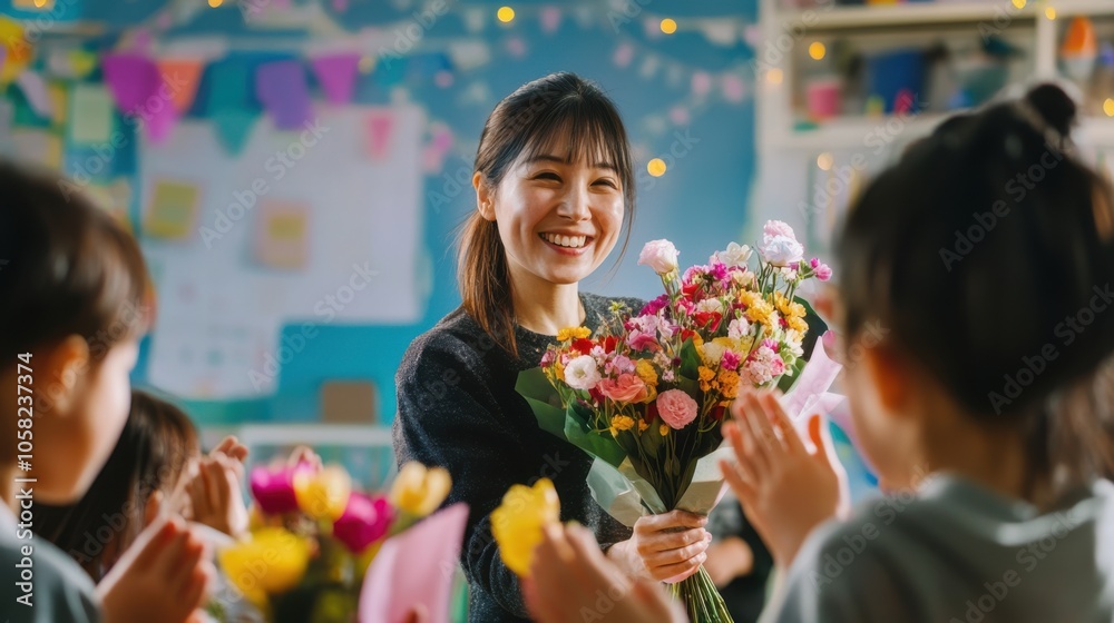 A teacher in a brightly lit classroom, holding flowers while A teacher in a brightly lit classroom, holding flowers while