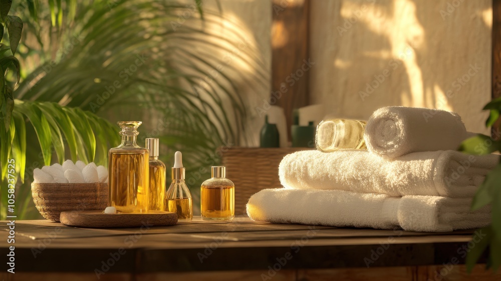 A tranquil spa environment with scented oils and soft towels, A tranquil spa environment with scented oils and soft towels,