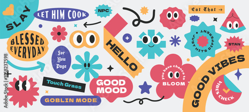 Colorful vintage sticker quotes. Gen z and millenials slang. Funny quotes badge patch. Character cartoon fresh design
