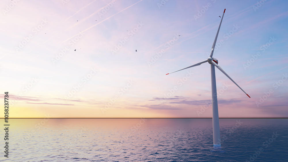 Obraz premium Windmill park. Offshore wind turbines farm on the ocean. Sustainable energy production. Green Energy, clean power, clean energy concept. 