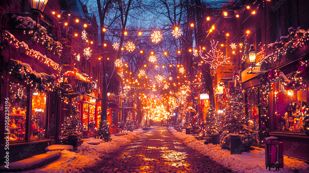 charming city street adorned with Christmas lights, shops, and festive decorations creates magical winter atmosphere. snow covered ground adds to holiday spirit charming city street adorned with Christmas lights, shops, and festive decorations creates magical winter atmosphere. snow covered ground adds to holiday spirit