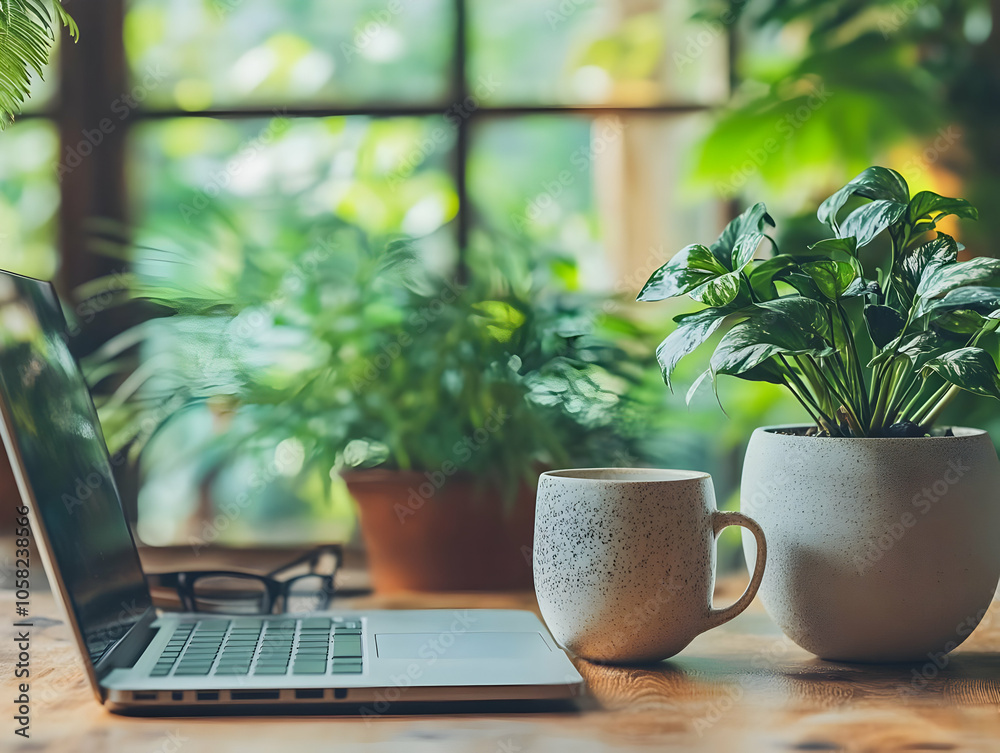 Home Office Photo - Laptop, Coffee, and Greenery Home Office Photo - Laptop, Coffee, and Greenery