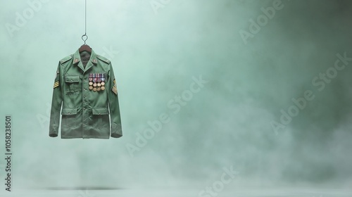 A military jacket adorned with medals, suspended in an ethereal misty background, emphasizing honor and sacrifice in service. photo