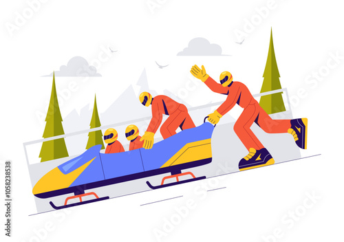 Vector Illustration of an Athlete Riding a Bobsleigh on a Snow Covered, Icy Track for a Competitive Winter Sport Activity in a Flat Style Background