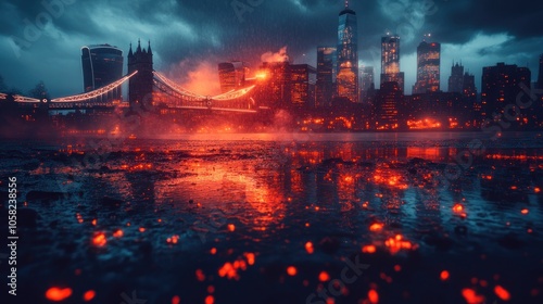 A nighttime cityscape with a bridge and skyscrapers reflected in a pool of water.