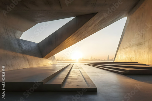 3D Illustration - Abstract Concrete Building with Stairs at Sunset Cityscape