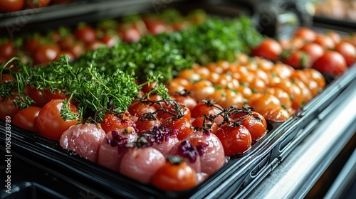 Fresh tomatoes and herbs displayed for sale at a market.