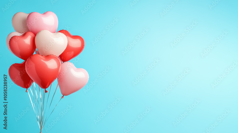 vibrant collection of heart shaped balloons in red and pink against light blue background, perfect for celebrations and romantic occasions vibrant collection of heart shaped balloons in red and pink against light blue background, perfect for celebrations and romantic occasions
