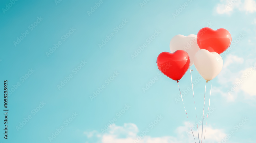 Colorful heart shaped balloons floating against clear blue sky evoke feelings of love and joy. Perfect for celebrations and romantic occasions Colorful heart shaped balloons floating against clear blue sky evoke feelings of love and joy. Perfect for celebrations and romantic occasions