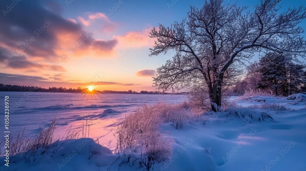 Winter Dawn with Rising Sun Over Snowy Landscape Winter Dawn with Rising Sun Over Snowy Landscape