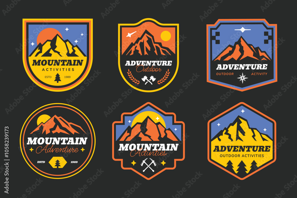 Naklejka premium Set of badges mountain logos. Patch design vintage outdoor camping.