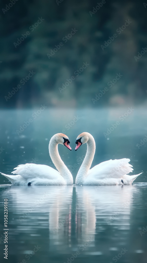 Fototapeta premium Two elegant swans gracefully face each other on serene lake, creating romantic atmosphere. misty background enhances tranquil scene