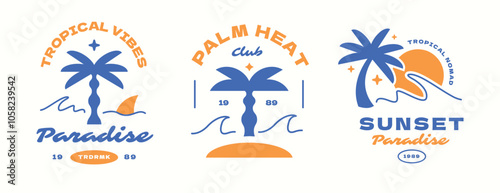 Beach club logos badge. Tropical sunset vibes apparel design template