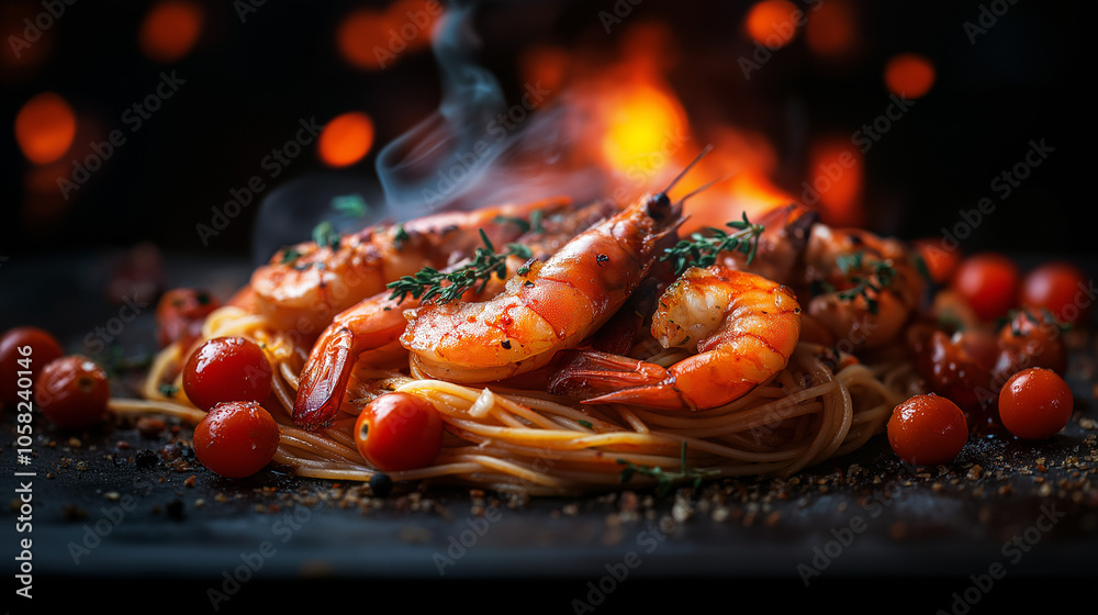 A vibrant dish of spaghetti with succulent shrimp, cherry tomatoes, and fresh thyme. A vibrant dish of spaghetti with succulent shrimp, cherry tomatoes, and fresh thyme.