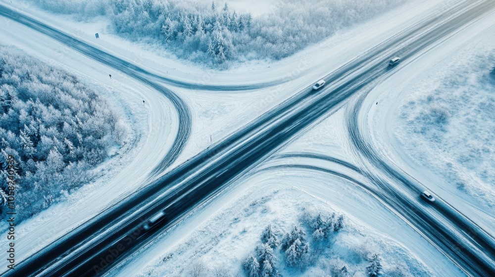 Aerial perspective of a highway covered in fresh snow, Aerial perspective of a highway covered in fresh snow,