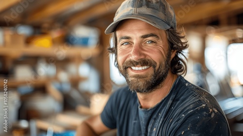 Smiling Construction Worker in Black Tee and Baseball Cap at New House Build