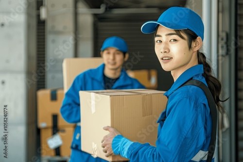 Asian Delivery Workers Moving Boxes at Warehouse Loading Dock