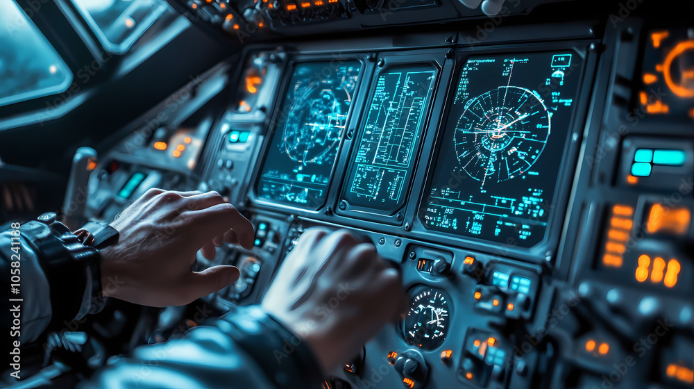 A close-up shot of a pilots hands interacting with a futuristic, advanced flight display inside the cockpit of a spaceship or aircraft. Spaceship Cockpit. Illustration A close-up shot of a pilots hands interacting with a futuristic, advanced flight display inside the cockpit of a spaceship or aircraft. Spaceship Cockpit. Illustration