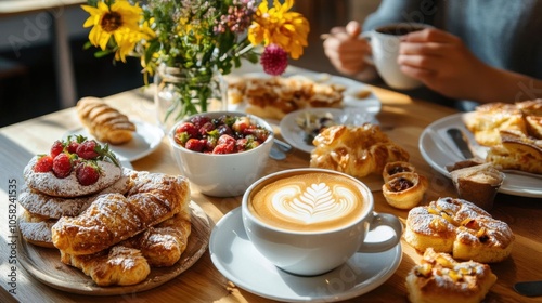 Fresh Pastries on a Table with Coffee and Flowers