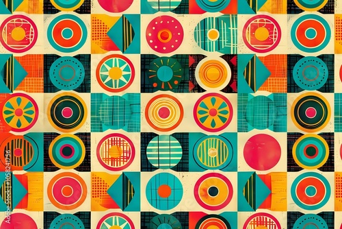 Classic retro geometric pattern with circles in bright hues, ideal for creating a fun and engaging atmosphere