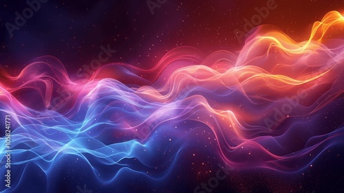 3D Render Neon Wavy Geometric Lines Glowing Colorful Neon Ribbon Abstract Art on Black Background