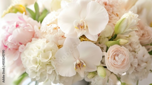 An elegant bouquet of white orchids and pale pink peonies,