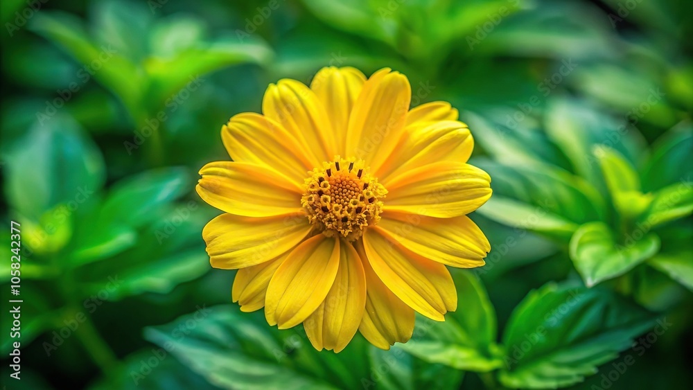 A bright yellow sprint flower with delicate petals and a prominent center, set against a soft green leafy background, garden flower, outdoor, daisy-like, sprint flower A bright yellow sprint flower with delicate petals and a prominent center, set against a soft green leafy background, garden flower, outdoor, daisy-like, sprint flower