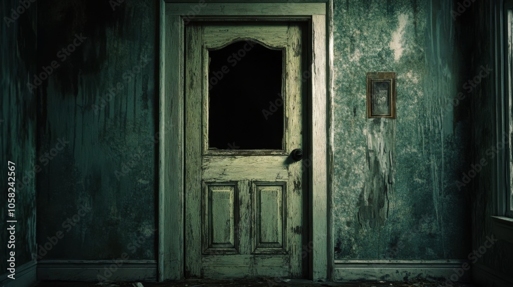 An unsettling abandoned house with a cracked door slightly ajar, An unsettling abandoned house with a cracked door slightly ajar,