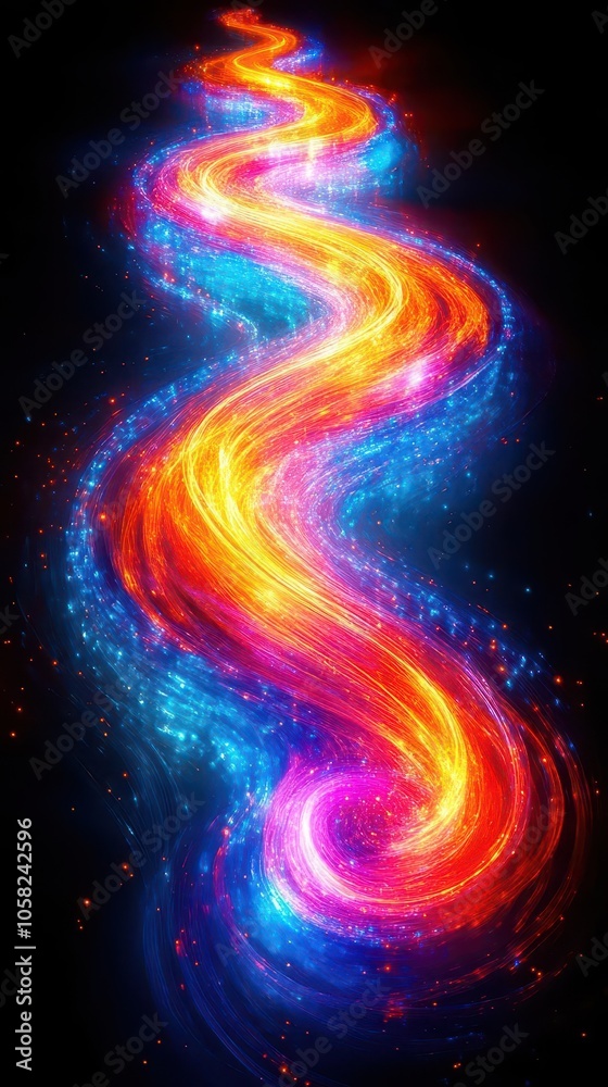 abstract neon fiber optic lines swirling and weaving together creating a dynamic energetic pattern that evokes speed and technology set against a dark background