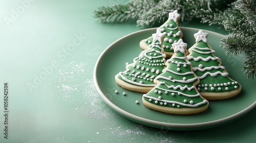 Decorative Christmas tree cookies displayed on a green plate, highlighting festive icing and vibrant colors, perfect for holiday celebrations. photo
