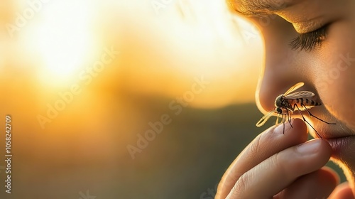 Child with mosquito bite on face, playing outside, summer evening glow photo