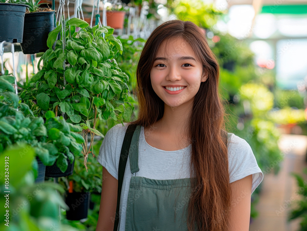 asian woman in greenhouse garden with a lot of plants hanging asian woman in greenhouse garden with a lot of plants hanging