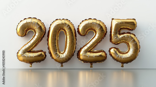 Another set of golden "2025" balloons on a light background. The metallic finish gives them a luxurious look, ideal for festive New Year decor. 