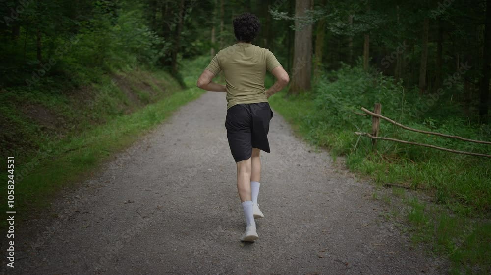 A Person Jogging Enthusiastically on a Beautifully Lush Green Forest Pathway Outdoors A Person Jogging Enthusiastically on a Beautifully Lush Green Forest Pathway Outdoors