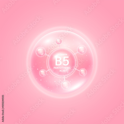 Vitamin B5 pantothenic acid molecule pink. Collagen vitamins complex from nature. For beauty skin care cosmetic advertising. Medical scientific concepts. 3D Vector EPS10.