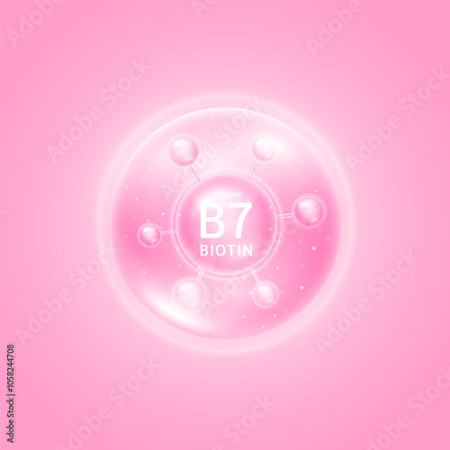 Vitamin B7 biotin molecule pink. Collagen vitamins complex from nature. For beauty skin care cosmetic advertising. Medical scientific concepts. 3D Vector EPS10.