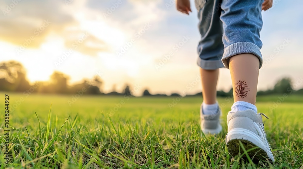 Young child with mosquito bites on legs, playing in grassy field, outdoor health