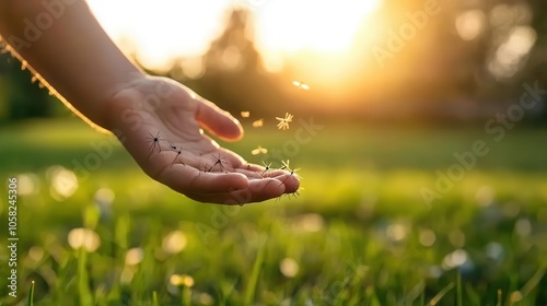 Child s hand with mosquito bites, playing in backyard, evening outdoor scene photo