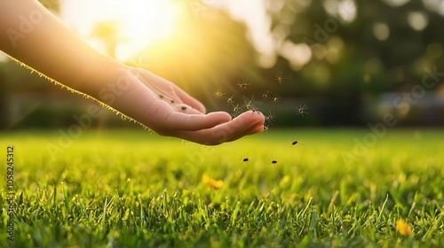 Child s hand with mosquito bites, playing in backyard, evening outdoor scene photo