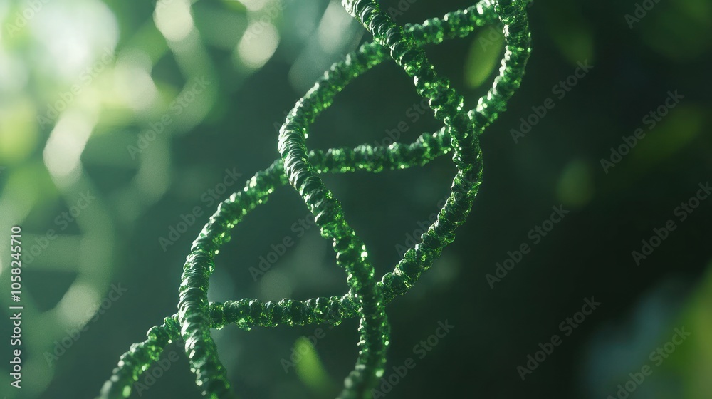 A 3D rendering of a green DNA strand against a blurred green background. A 3D rendering of a green DNA strand against a blurred green background.